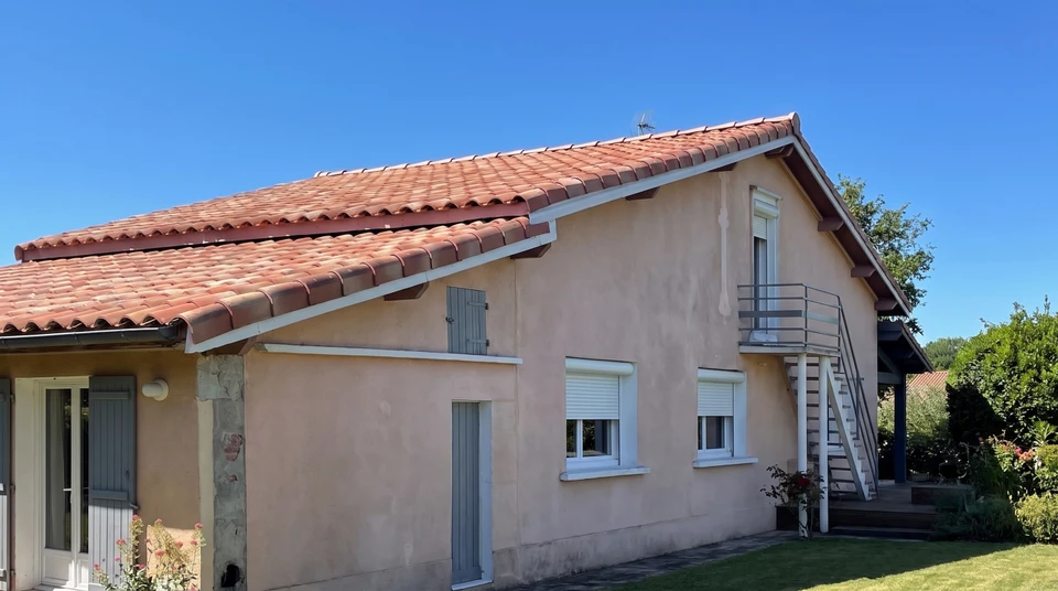 Maison individuelle de plain-pied avec étage partiel, façade enduit ton rosé, toiture à deux versants en tuiles canal terre cuite rouge