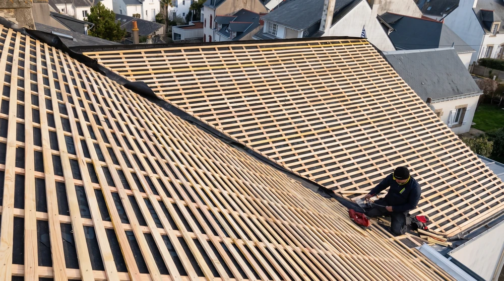 Couvreur travaillant sur une charpente en bois neuve, posant des liteaux sur volige avec écran sous-toiture HPV noir