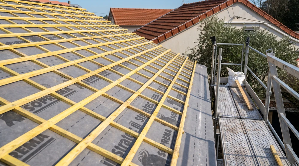 Chantier de réfection de toiture en extérieur, vue en plongée