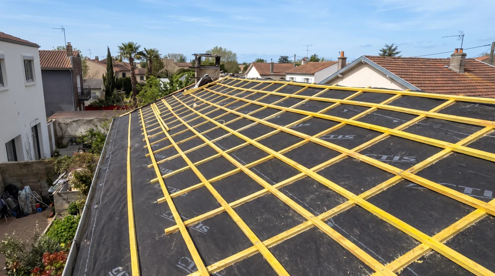 Toiture en cours de réfection, vue extérieure en plongée