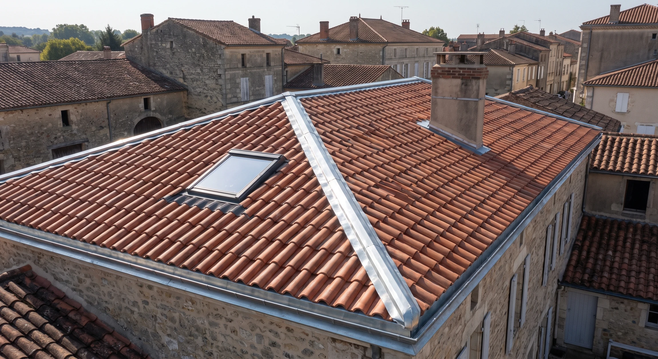 Photographie réelle d'une toiture en tuiles canal terre cuite vue en légère plongée depuis le faîtage. La toiture montre une réfection complète avec fenêtre de toit Velux intégrée avec solins en zinc épousant les tuiles, faîtage et noues en zinc brillant, souche de cheminée en maçonnerie, tuiles posées en rangs réguliers. Détails visibles : joints d'étanchéité autour du Velux, profil de couverture précis, travail de zincerie de qualité. Environnement urbain ou rural, ciel dégagé, éclairage naturel permettant de visualiser clairement la qualité de la réfection.
